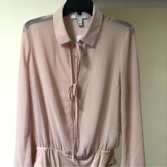 Forever 21 contemporary self tie bodysuit sheer blouse 🪷 blush pink 🪷 Large 🪷 - Picture 4 of 9